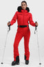 Women's Neon Red Full-Shirred Design One-Piece Ski Suit Snowboard Suit
