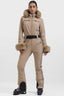 Women's Khaki Shirred Faux-Fur Waterproof One-Piece Ski Suit Snowboard Suit