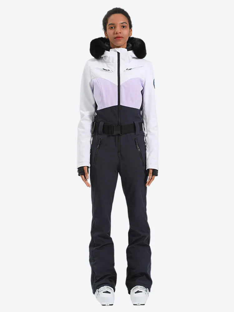 Women's Lavender & Navy Waist-Defining Waterproof Ski Suits Insulated One-Piece Snowboard Suits - Gsou Snow
