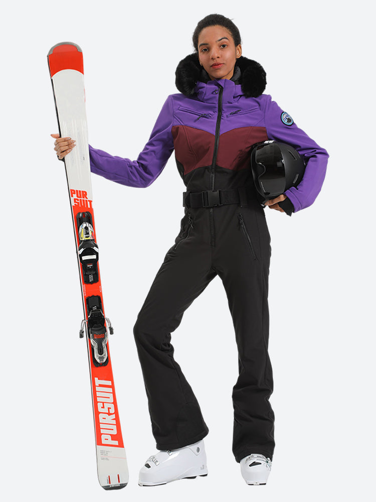 Women's Purple & Black Waist-Defining Insulated Waterproof Ski Suits One-Piece Snowboard Suit Main image