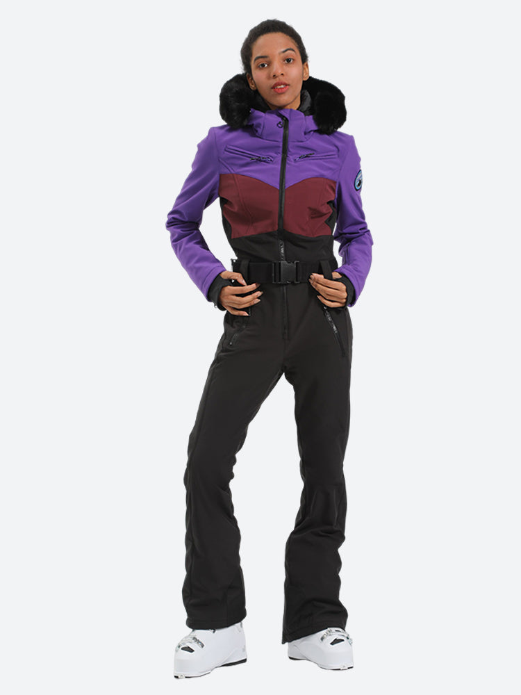 Women's Purple & Black Waist-Defining Insulated Waterproof Ski Suits One-Piece Snowboard Suit