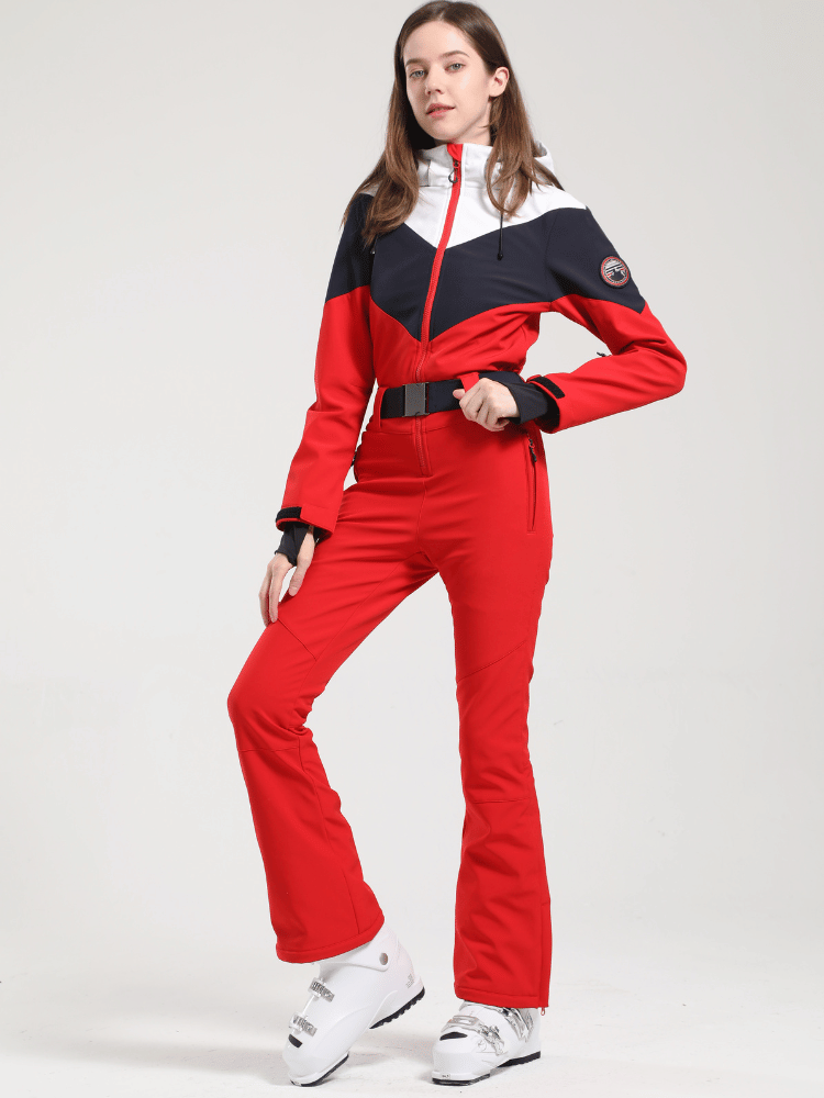 Women's One Piece Ski Suit Retro Belted Slim Ski Jumpsuit - Gsou Snow