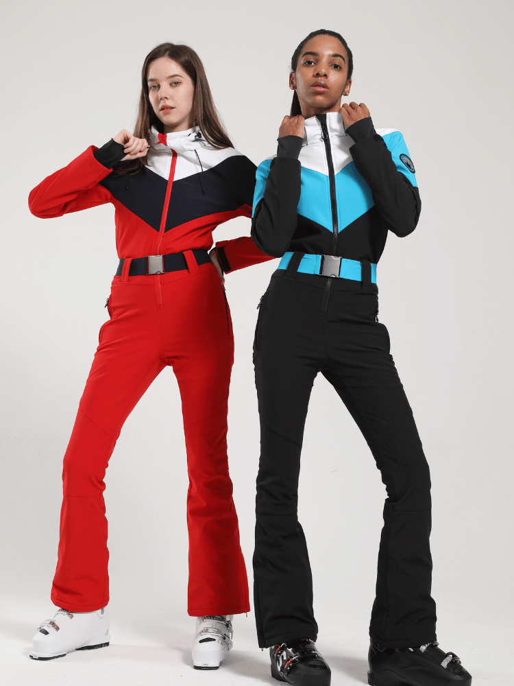 Women's One Piece Ski Suit Retro Belted Slim Ski Jumpsuit - Gsou Snow