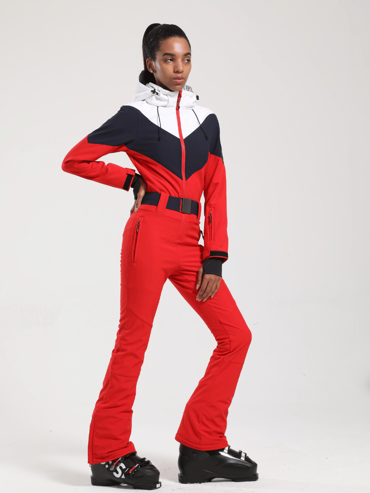 Women's One Piece Ski Suit Retro Belted Slim Ski Jumpsuit - Gsou Snow