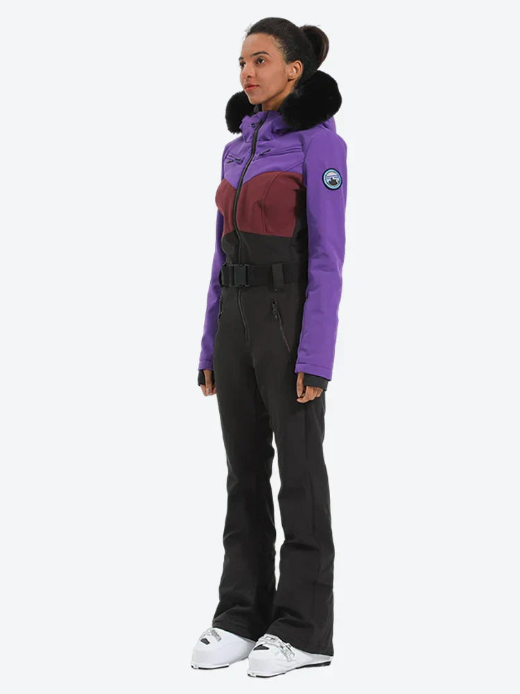 Women's Lavender & Navy Waist-Defining Waterproof Ski Suits Insulated One-Piece Snowboard Suits - Gsou Snow