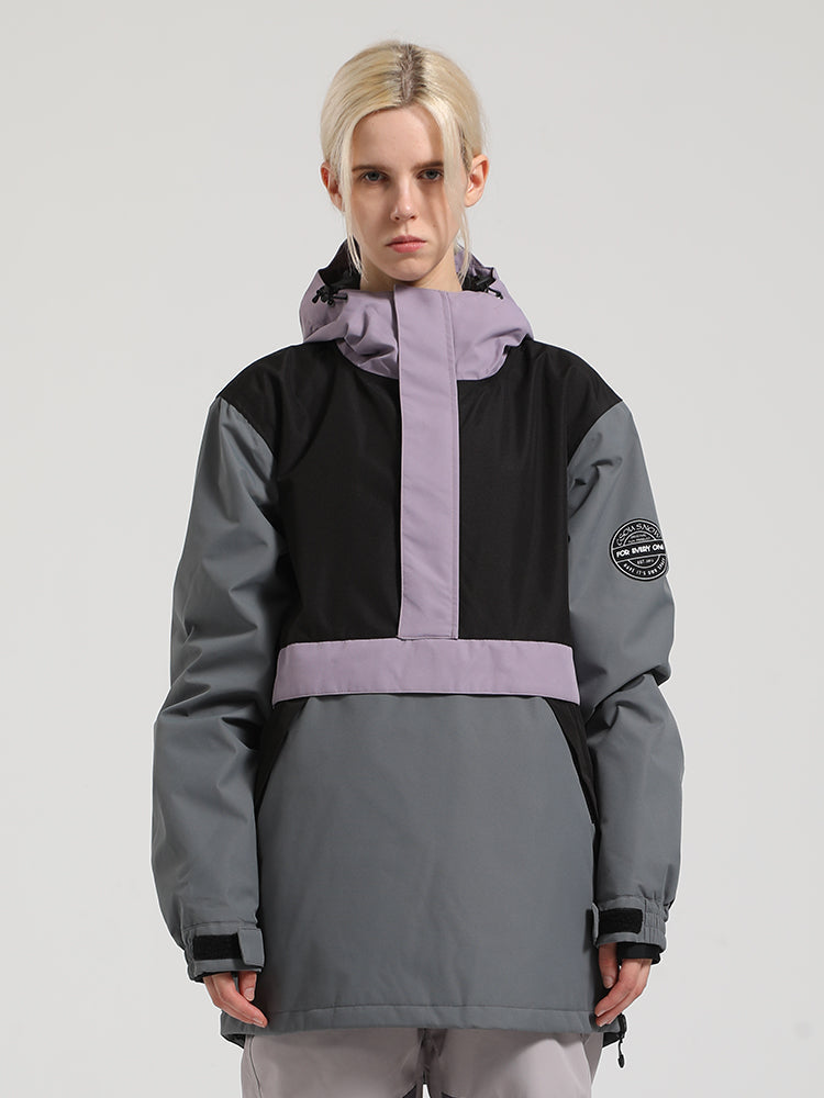 Women's Black & Grey Insulated Color-Block Kangaroo Pocket Ski Anorak Snow Anoraks