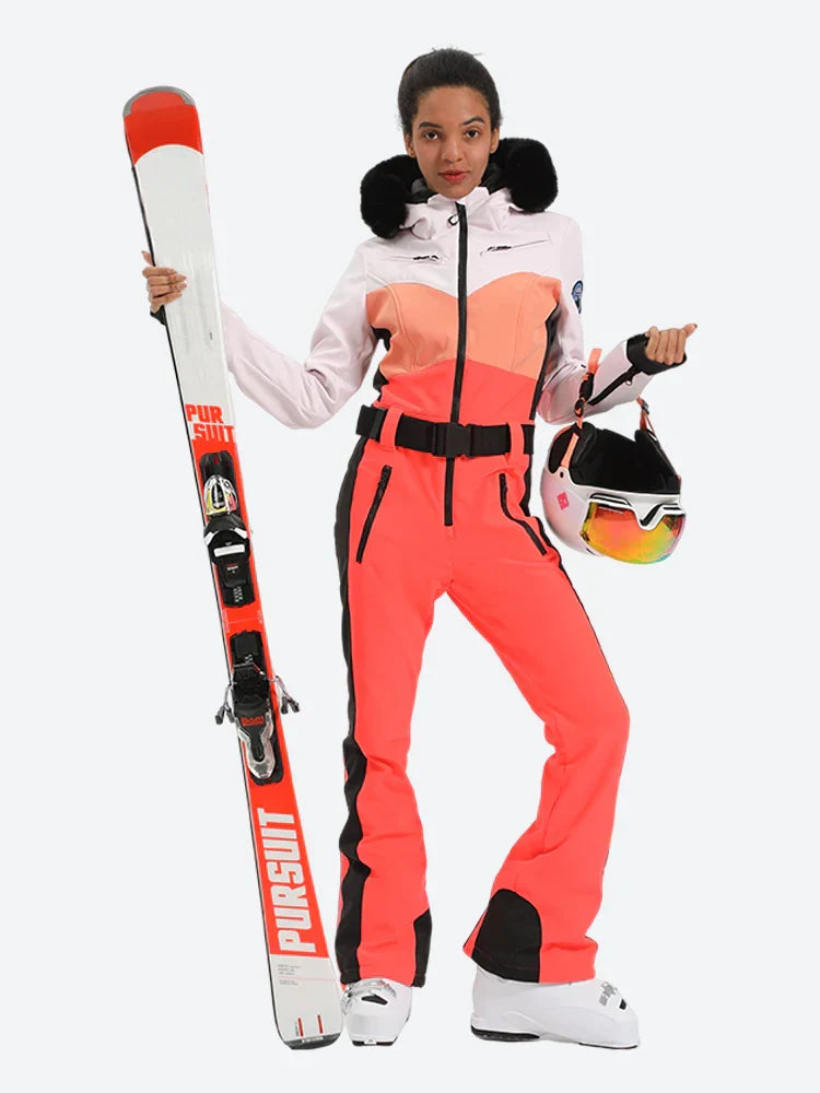 Women's Orange & Pink Waist-Defining Waterproof Ski Suits Insulated One-Piece Snowboard Suits - Gsou Snow