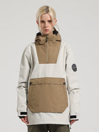 Women's Khaki & Beige Kangaroo Pocket Patchwork Ski Anorak Snow Anoraks