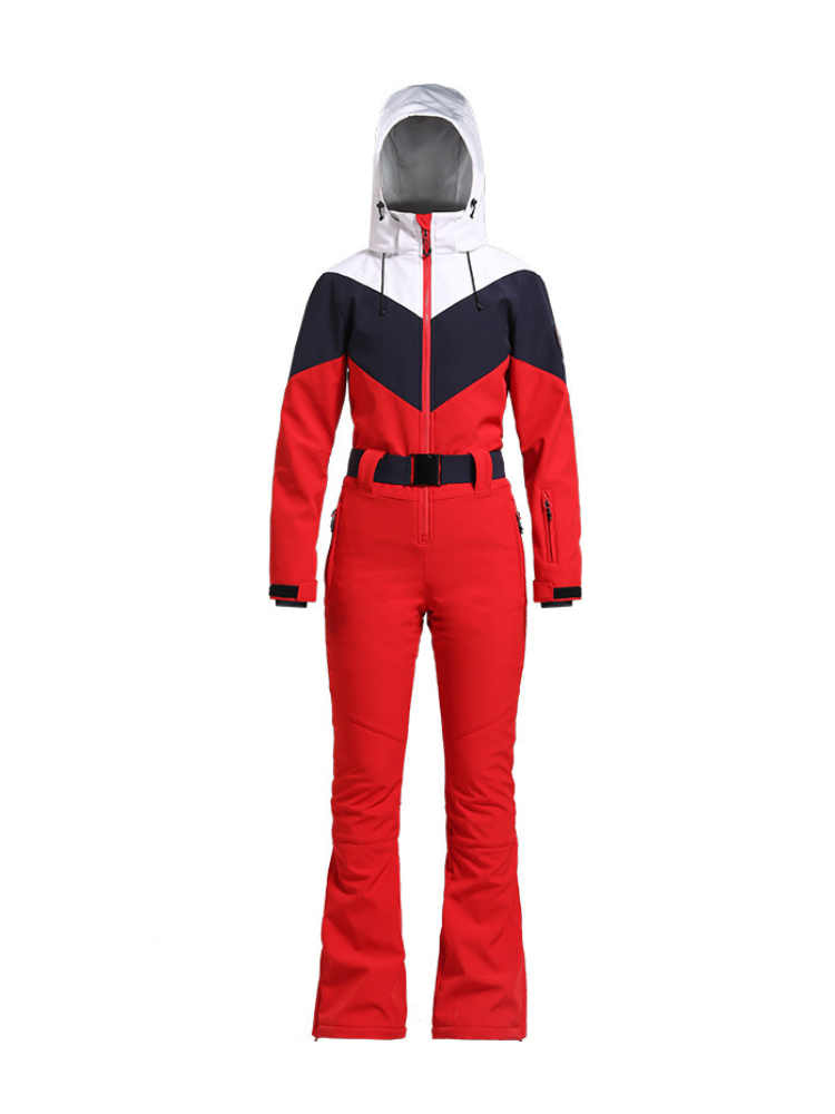 Women's One Piece Ski Suit Retro Belted Slim Ski Jumpsuit - Gsou Snow