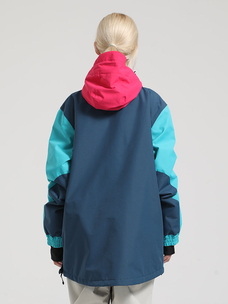 Women's Blue & Cyan Insulated Color-Block Kangaroo Pocket Ski Anorak Snow Anoraks