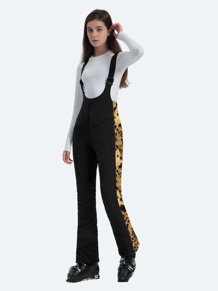 Women's Black & Snow Leopard Slim-Fit Articulated-Knee Ski Bibs Snow Bibs
