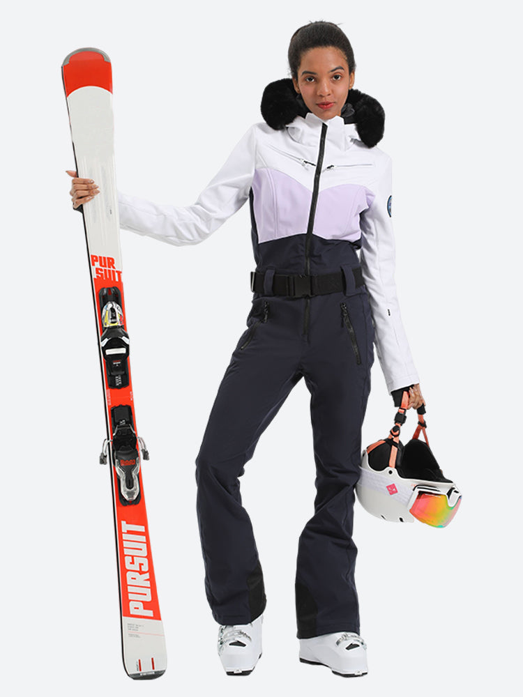 Women's Purple & Black Waist-Defining Insulated Waterproof Ski Suits One-Piece Snowboard Suit