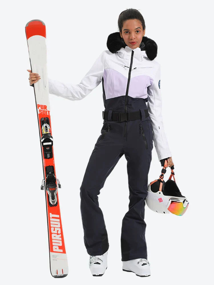 Women's Lavender & Navy Waist-Defining Waterproof Ski Suits Insulated One-Piece Snowboard Suits - Gsou Snow