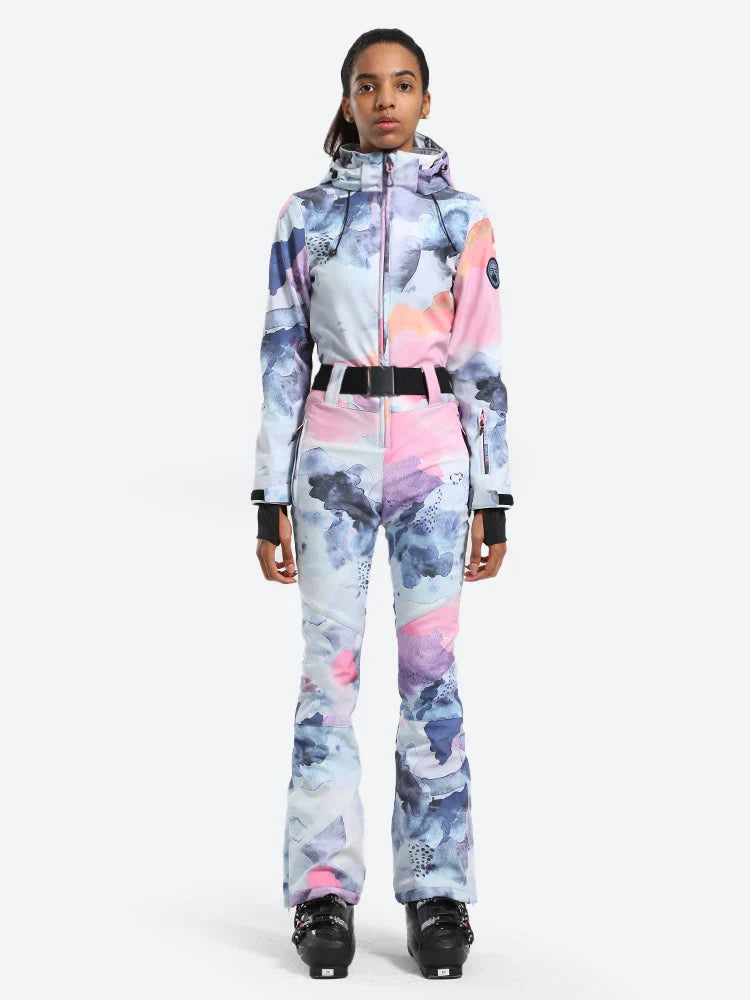 Womens One Piece Snowsuit Belted Flare Slim Ski Suits - Gsou Snow