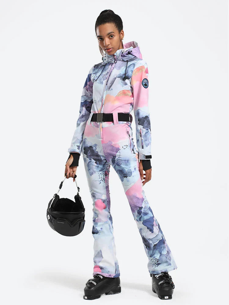 Womens One Piece Snowsuit Belted Flare Slim Ski Suits - Gsou Snow
