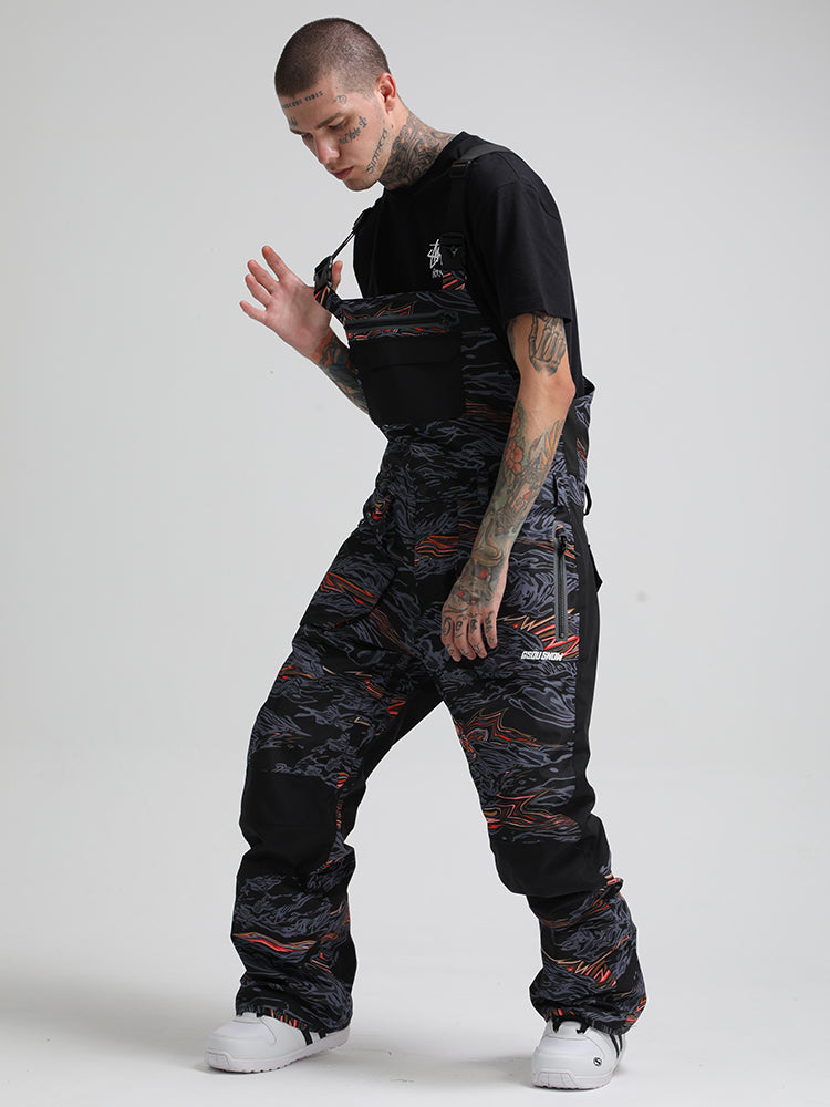 Men's Grey & Red Wave Relaxed-Fit Snow Bibs With Knee Reinforcements Ski Bibs - Gsou Snow
