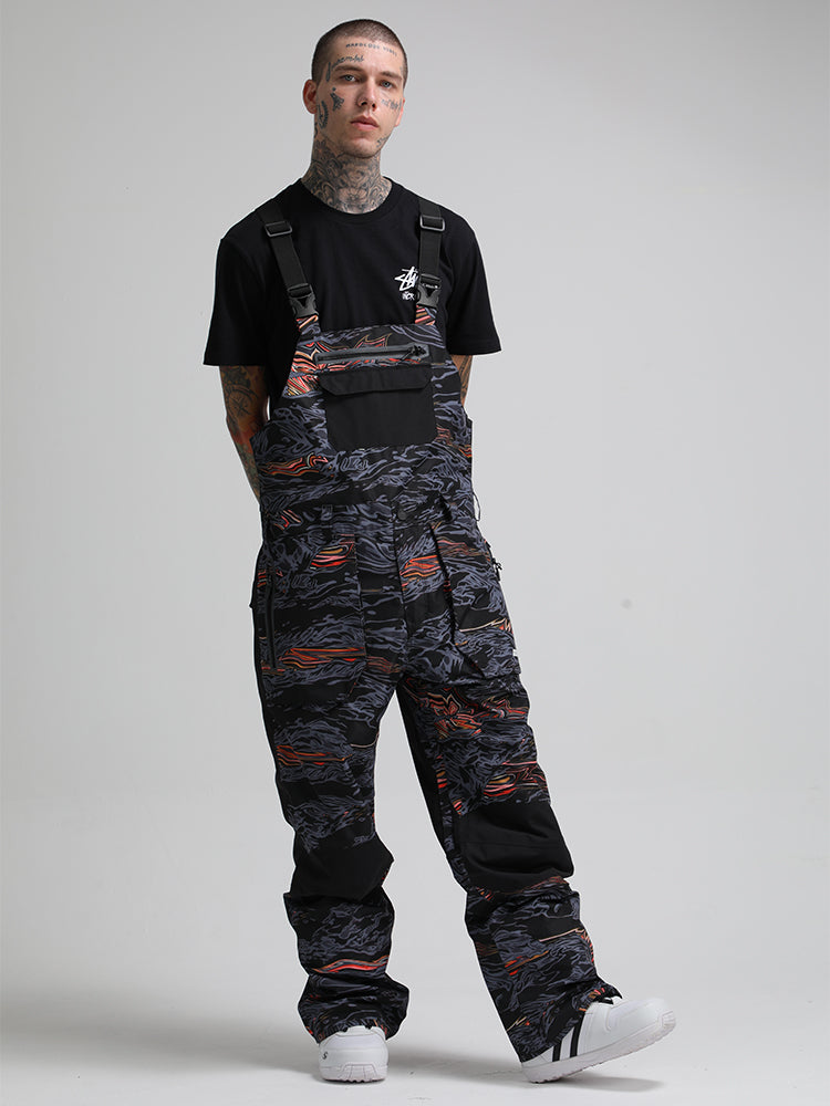 Men's Grey & Red Wave Relaxed-Fit Snow Bibs With Knee Reinforcements Ski Bibs - Gsou Snow