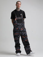 Men's Grey & Red Wave Relaxed-Fit Snow Bibs With Knee Reinforcements Ski Bibs - Gsou Snow