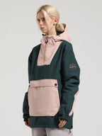 Women's Khaki & Beige Kangaroo Pocket Patchwork Ski Anorak Snow Anoraks