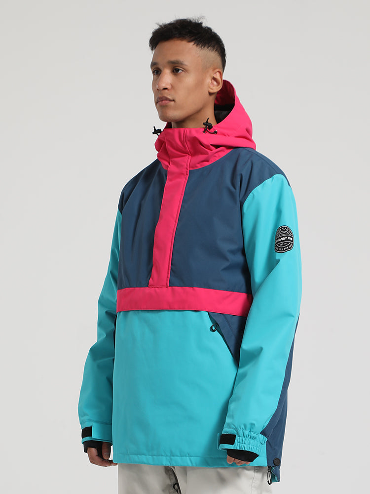 Men's Blue & Cyan Insulated Color-Block Kangaroo Pocket Ski Anorak Snow Anoraks