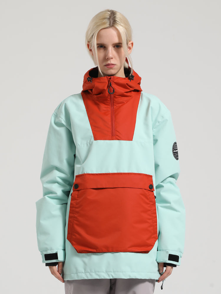 Women's Red & Teal Kangaroo Pocket Patchwork Ski Anorak Snow Anoraks
