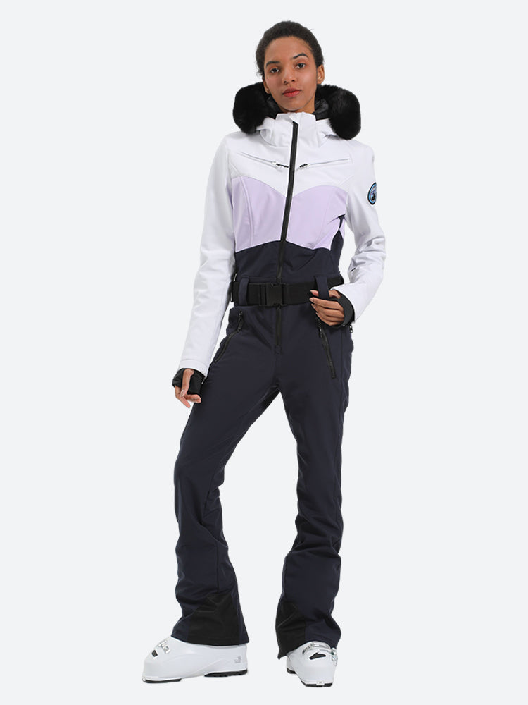 Women's Purple & Black Waist-Defining Waterproof Ski Suits Insulated One-Piece Snowboard Suits - Gsou Snow