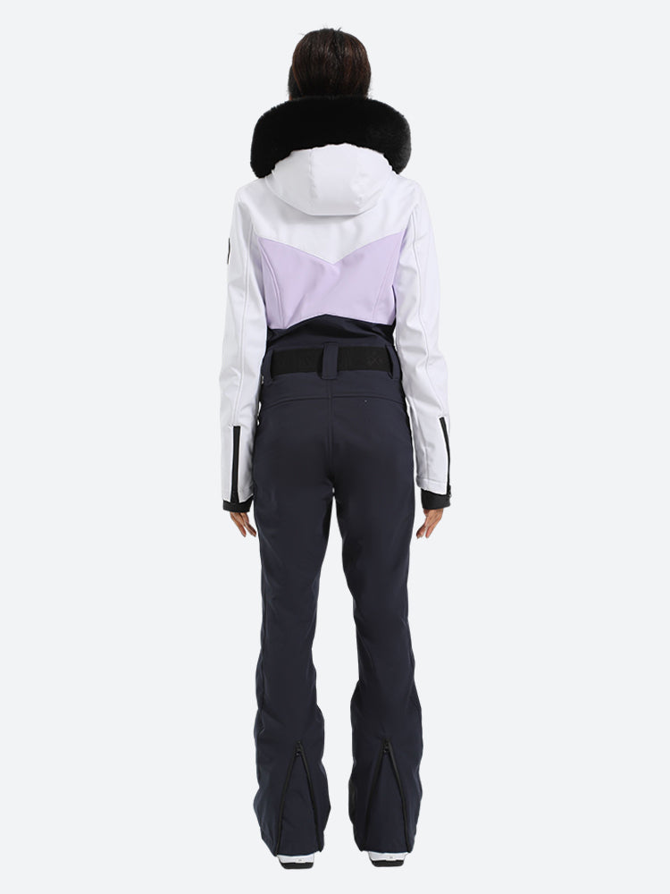 Women's Purple & Black Waist-Defining Insulated Waterproof Ski Suits One-Piece Snowboard Suit
