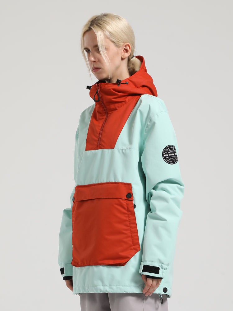 Women's Khaki & Beige Kangaroo Pocket Patchwork Ski Anorak Snow Anoraks