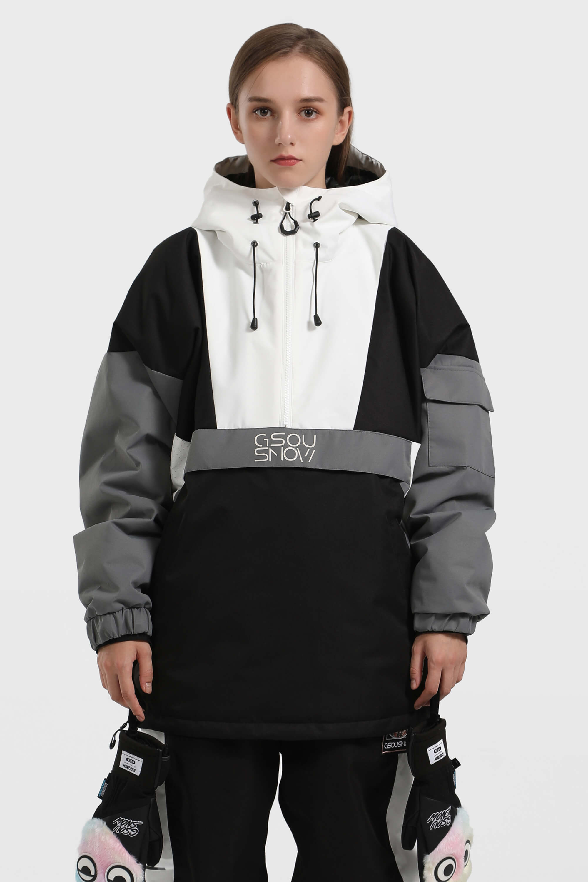 Women's Black & White Baggy Kangaroo Pocket Waterproof Ski Anorak Snowboard Anoraks