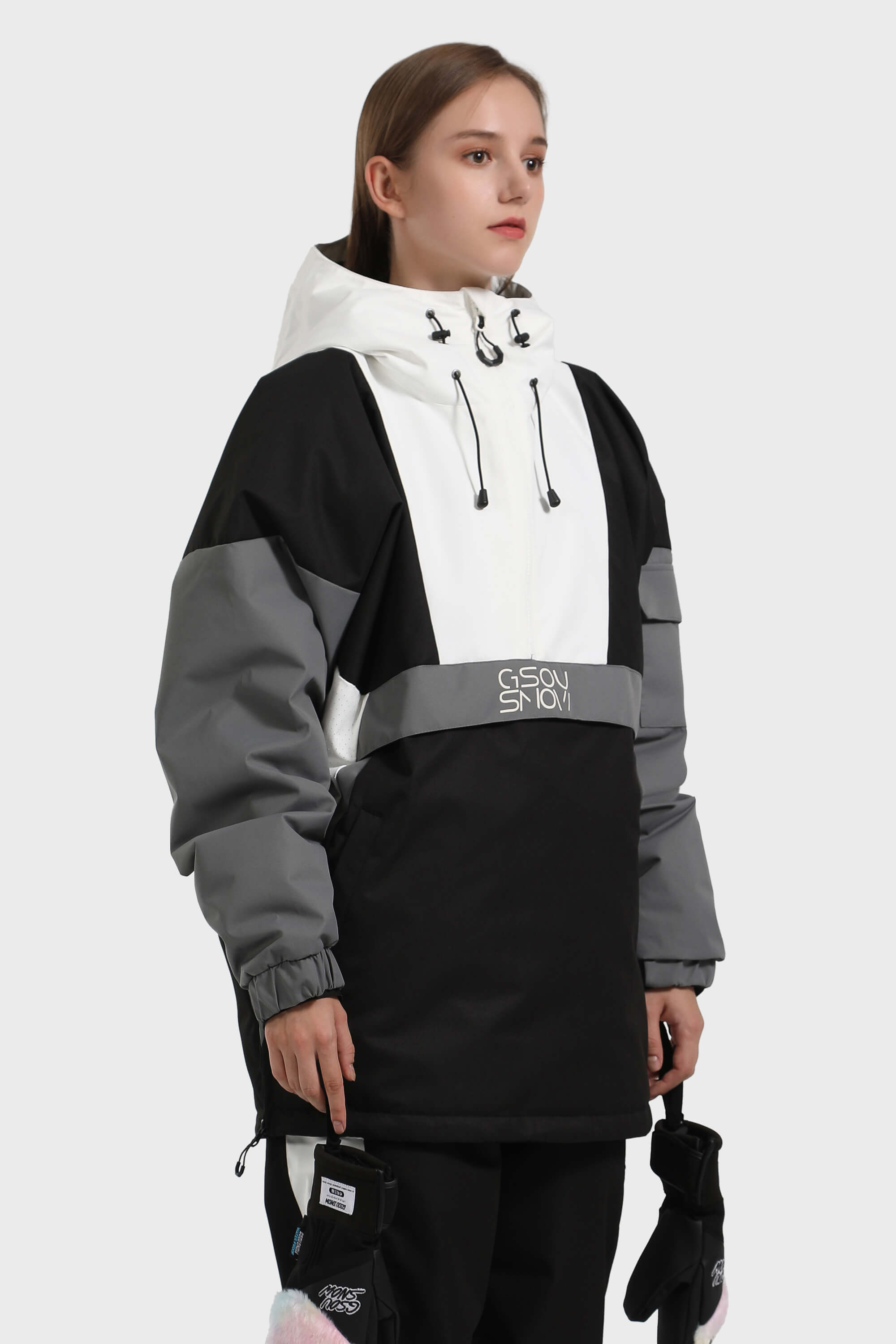 Women's Black & White Baggy Kangaroo Pocket Waterproof Ski Anorak Snowboard Anoraks