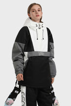Women's White & Black Kangaroo Pocket Waterproof Snowboard Anoraks Baggy Ski Anoraks - Gsou Snow