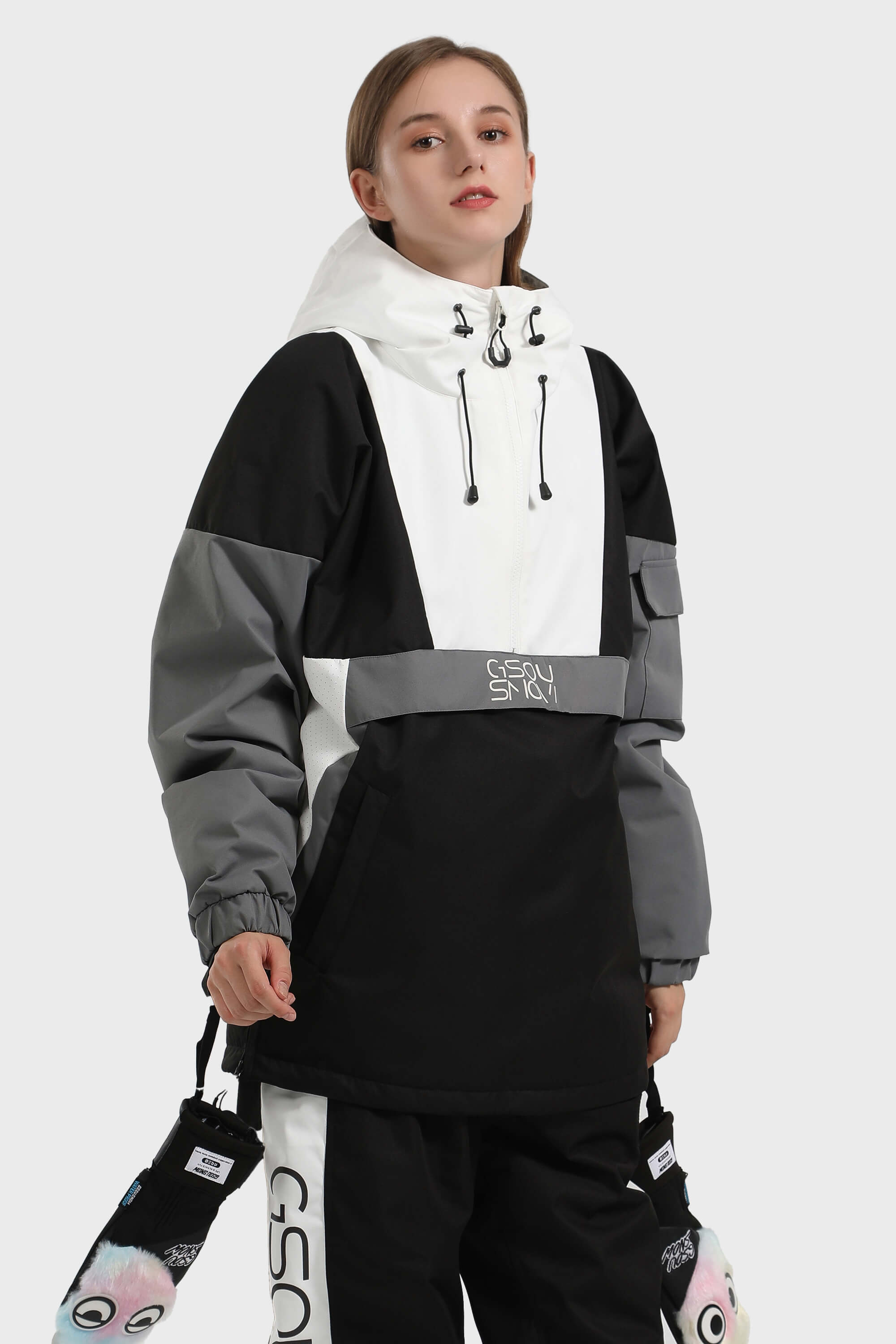 Women's White & Black Kangaroo Pocket Waterproof Snowboard Anoraks Baggy Ski Anoraks - Gsou Snow