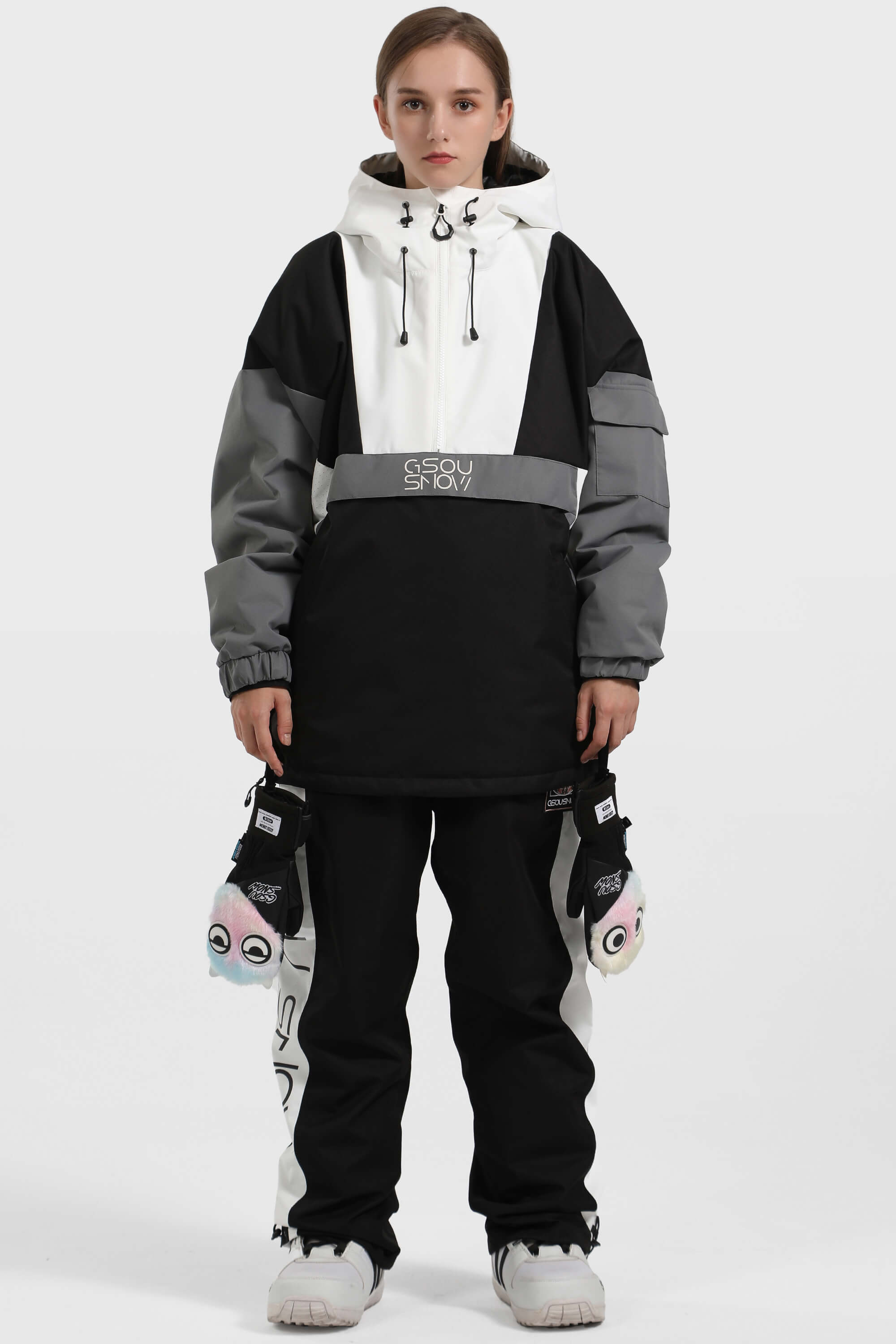 Women's White & Black Kangaroo Pocket Waterproof Snowboard Anoraks Baggy Ski Anoraks - Gsou Snow