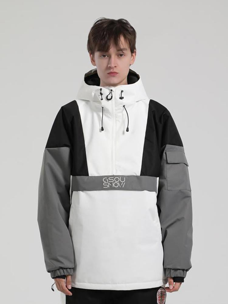 Men's White & Black Kangaroo Pocket Waterproof Snowboard Anoraks Baggy Ski Anoraks - Gsou Snow