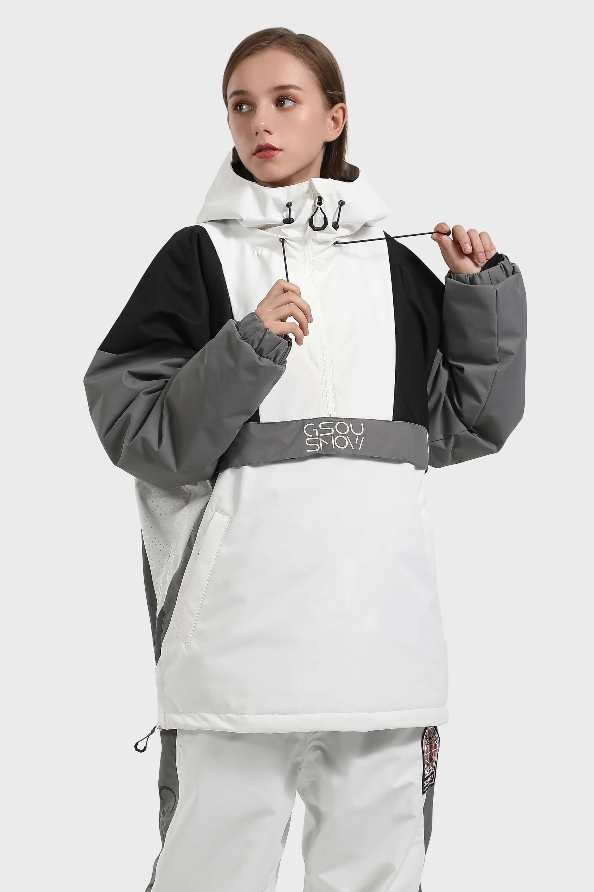 Women's White & Black Baggy Kangaroo Pocket Waterproof Ski Anorak Snowboard Anoraks Main image