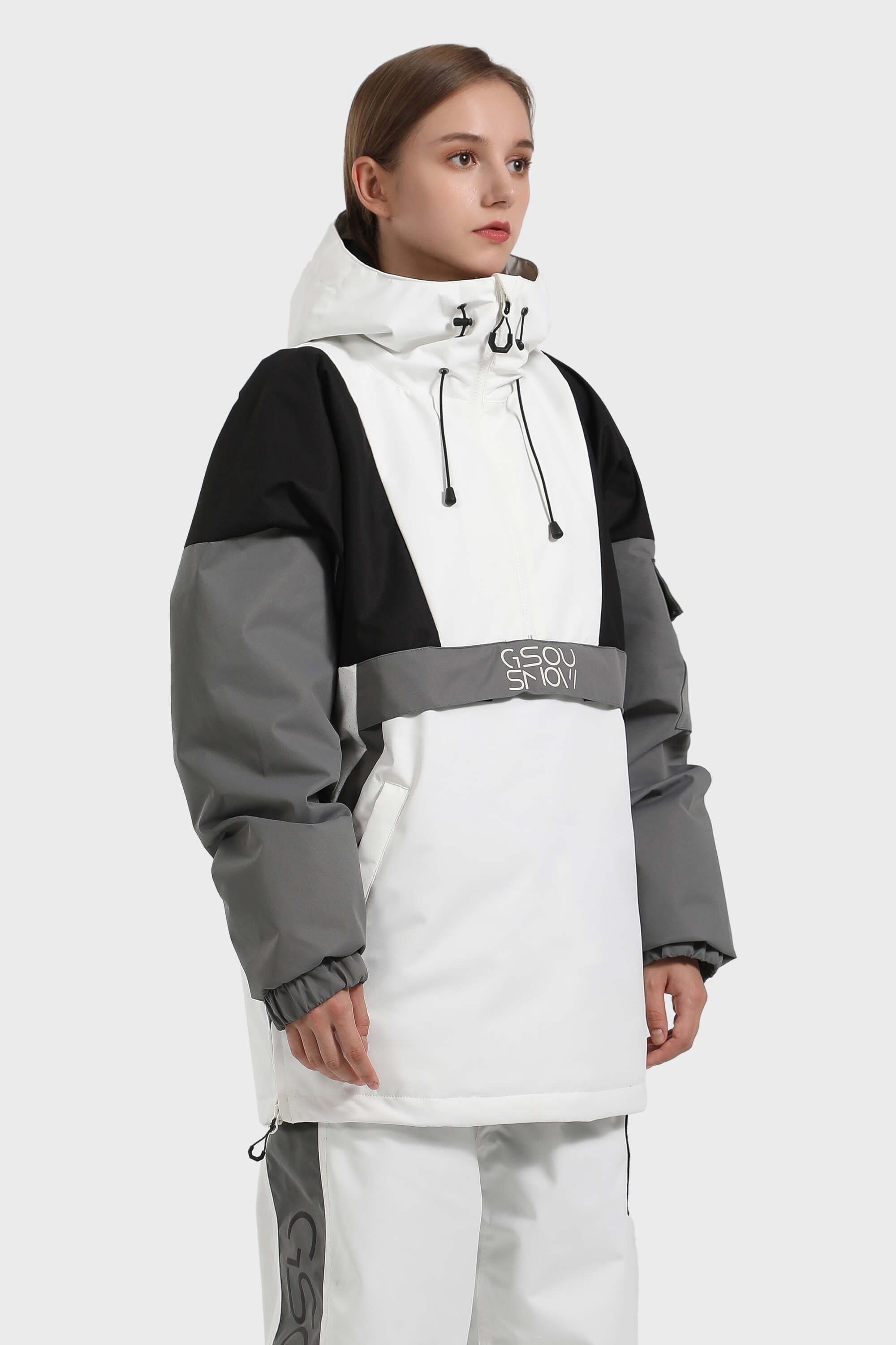 Women's White & Black Kangaroo Pocket Waterproof Snowboard Anoraks Baggy Ski Anoraks - Gsou Snow