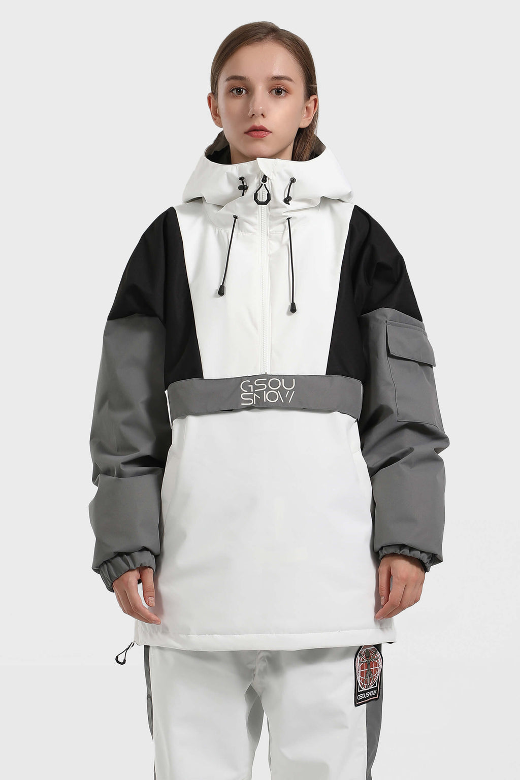 Women's White & Black Baggy Kangaroo Pocket Waterproof Ski Anorak Snowboard Anoraks