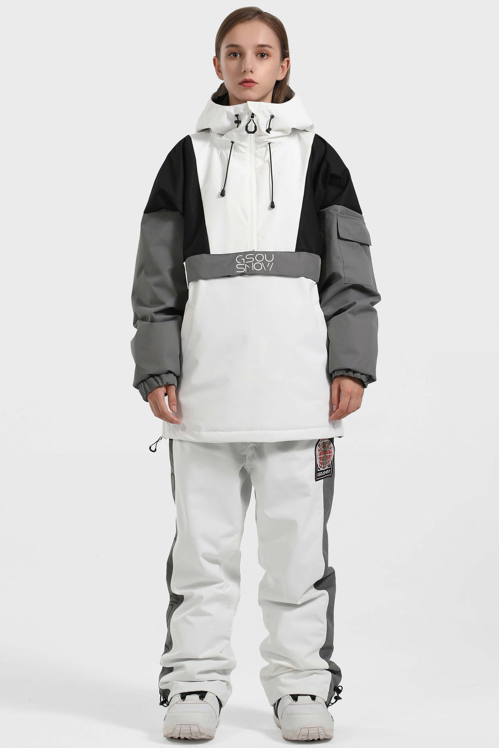 Women's White & Black Baggy Kangaroo Pocket Waterproof Ski Anorak Snowboard Anoraks
