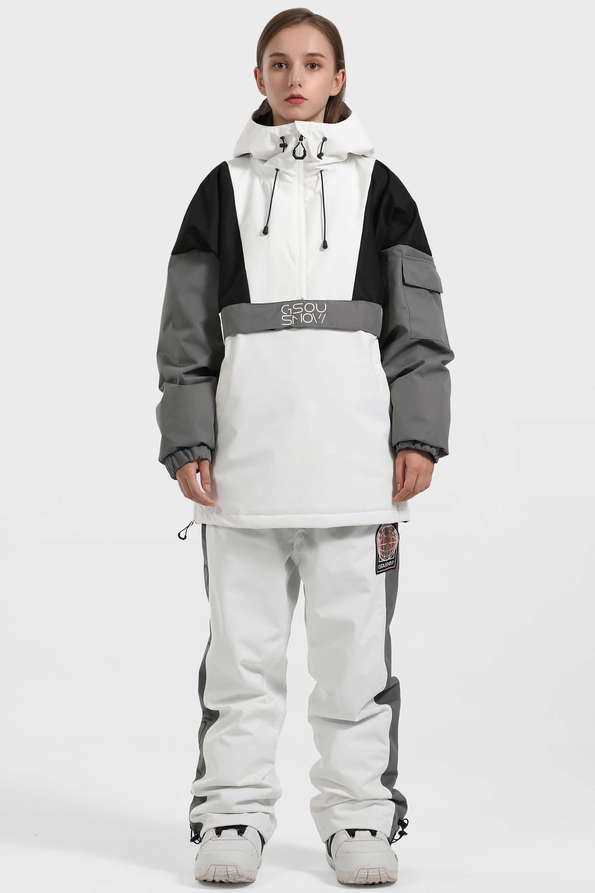 Women's White & Black Baggy Kangaroo Pocket Waterproof Ski Anorak Snowboard Anoraks