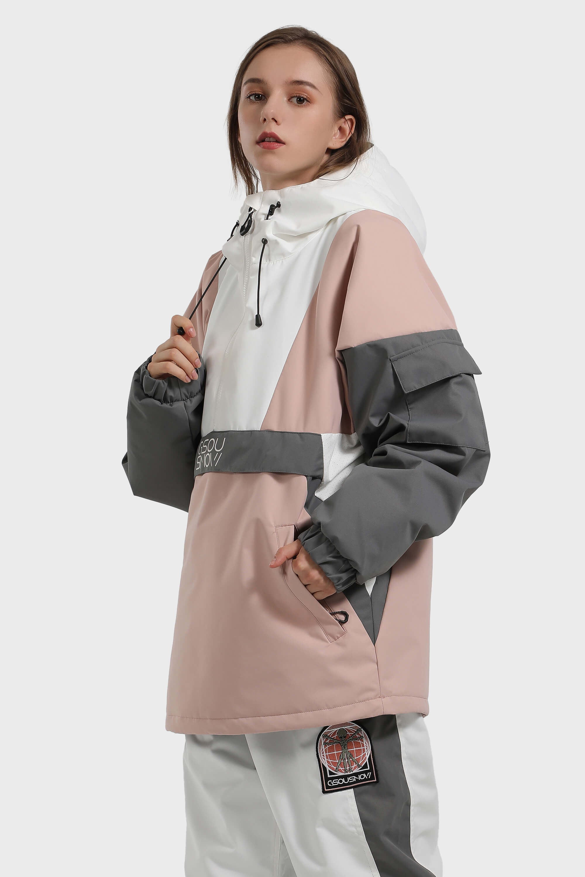 Women's Black & White Kangaroo Pocket Waterproof Snowboard Anoraks Baggy Ski Anoraks - Gsou Snow