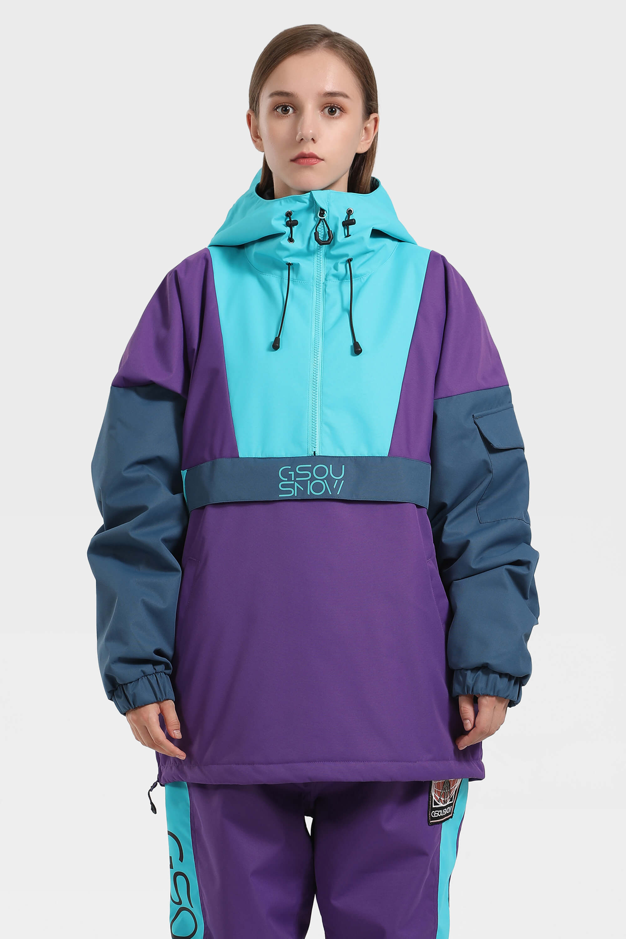 Women's Black & White Baggy Kangaroo Pocket Waterproof Ski Anorak Snowboard Anoraks