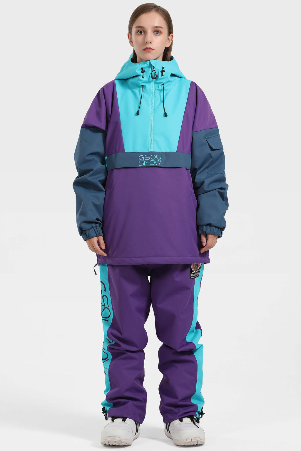 Women's Black & White Kangaroo Pocket Waterproof Snowboard Anoraks Baggy Ski Anoraks - Gsou Snow