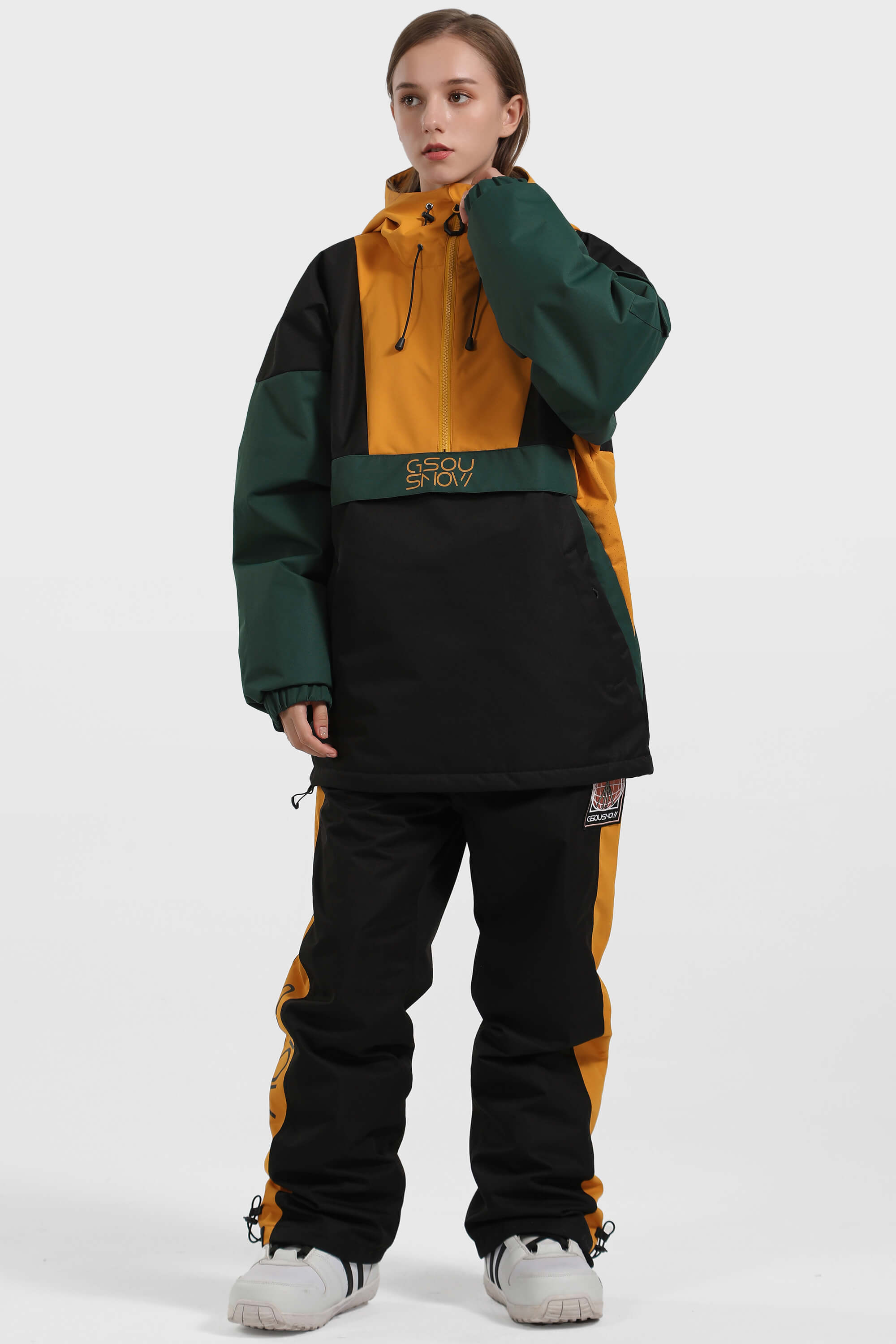 Women's White & Black Kangaroo Pocket Waterproof Snowboard Anoraks Baggy Ski Anoraks - Gsou Snow