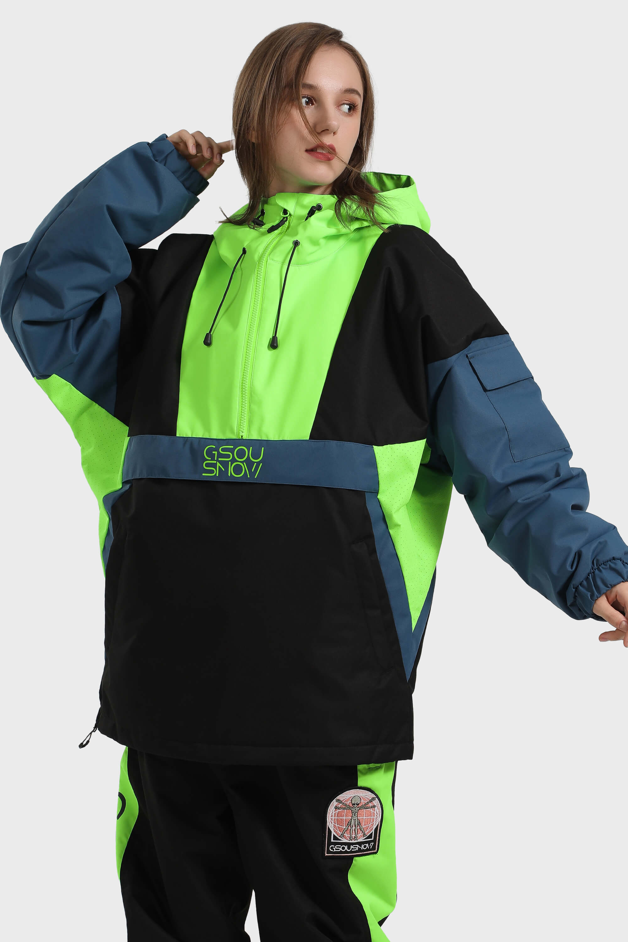 Women's White & Black Kangaroo Pocket Waterproof Snowboard Anoraks Baggy Ski Anoraks - Gsou Snow