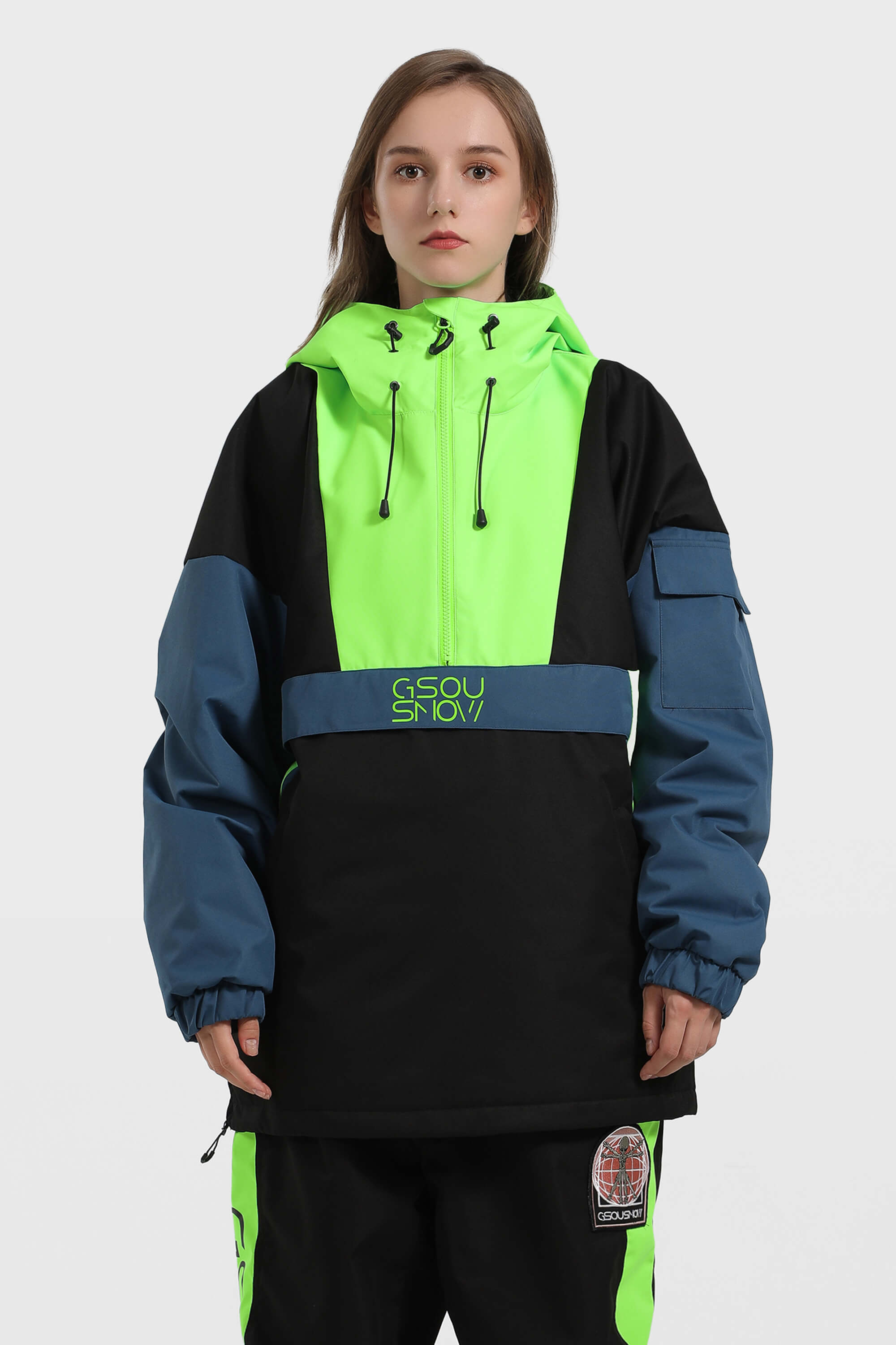 Women's Black & White Kangaroo Pocket Waterproof Snowboard Anoraks Baggy Ski Anoraks - Gsou Snow