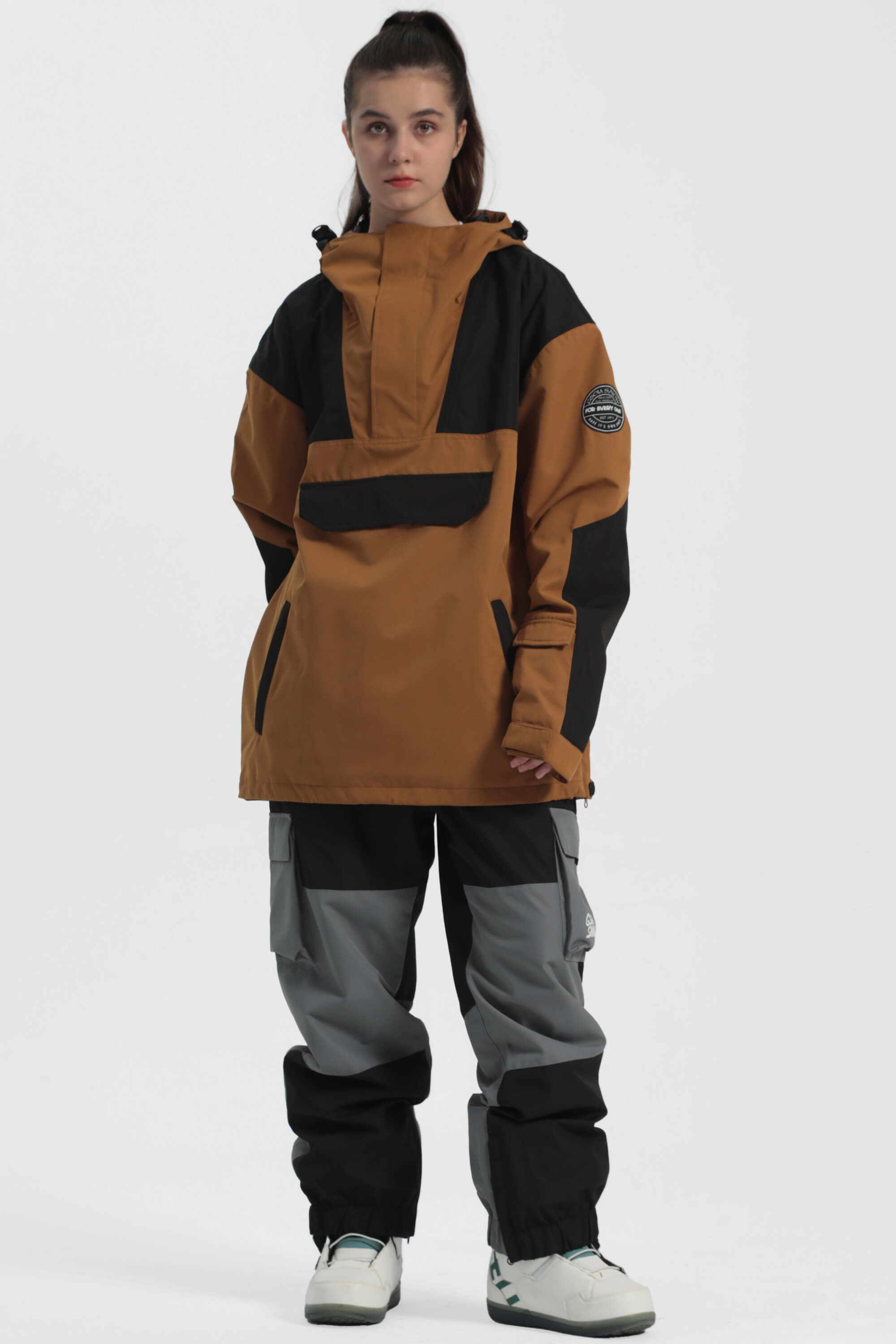 Women's Ivory & Black Insulated Color-Block Ski Anorak Snow Anoraks