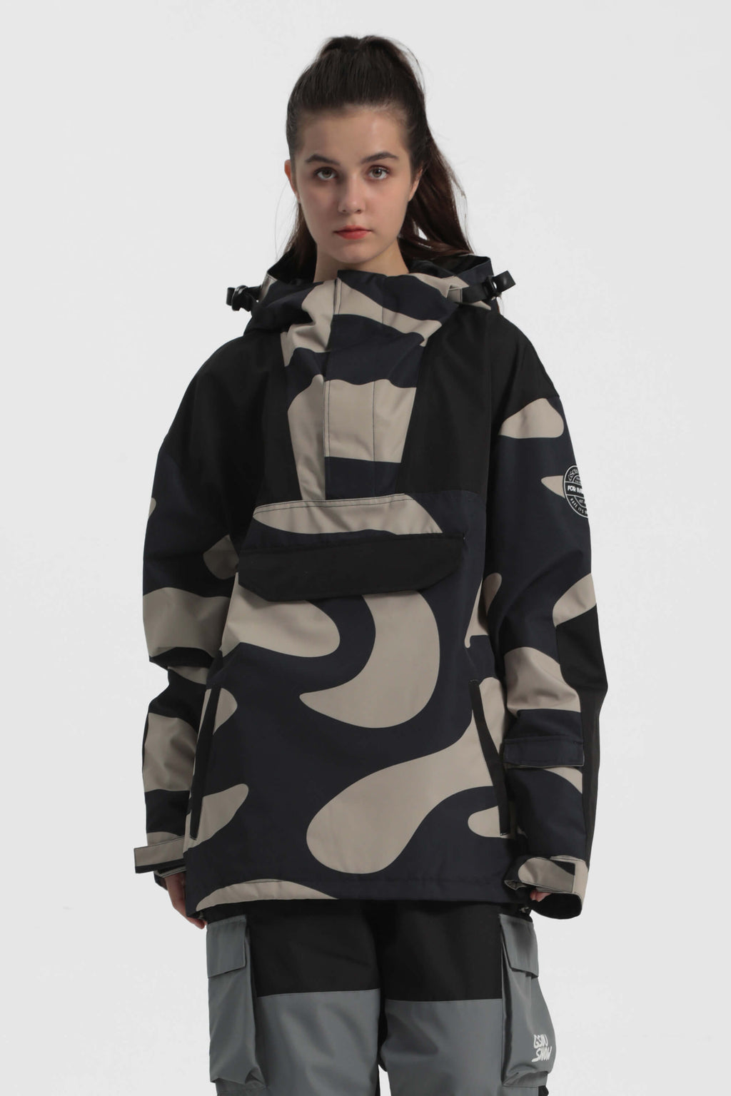 Women's Black Camo Insulated Color-Block Ski Anorak Snow Anoraks