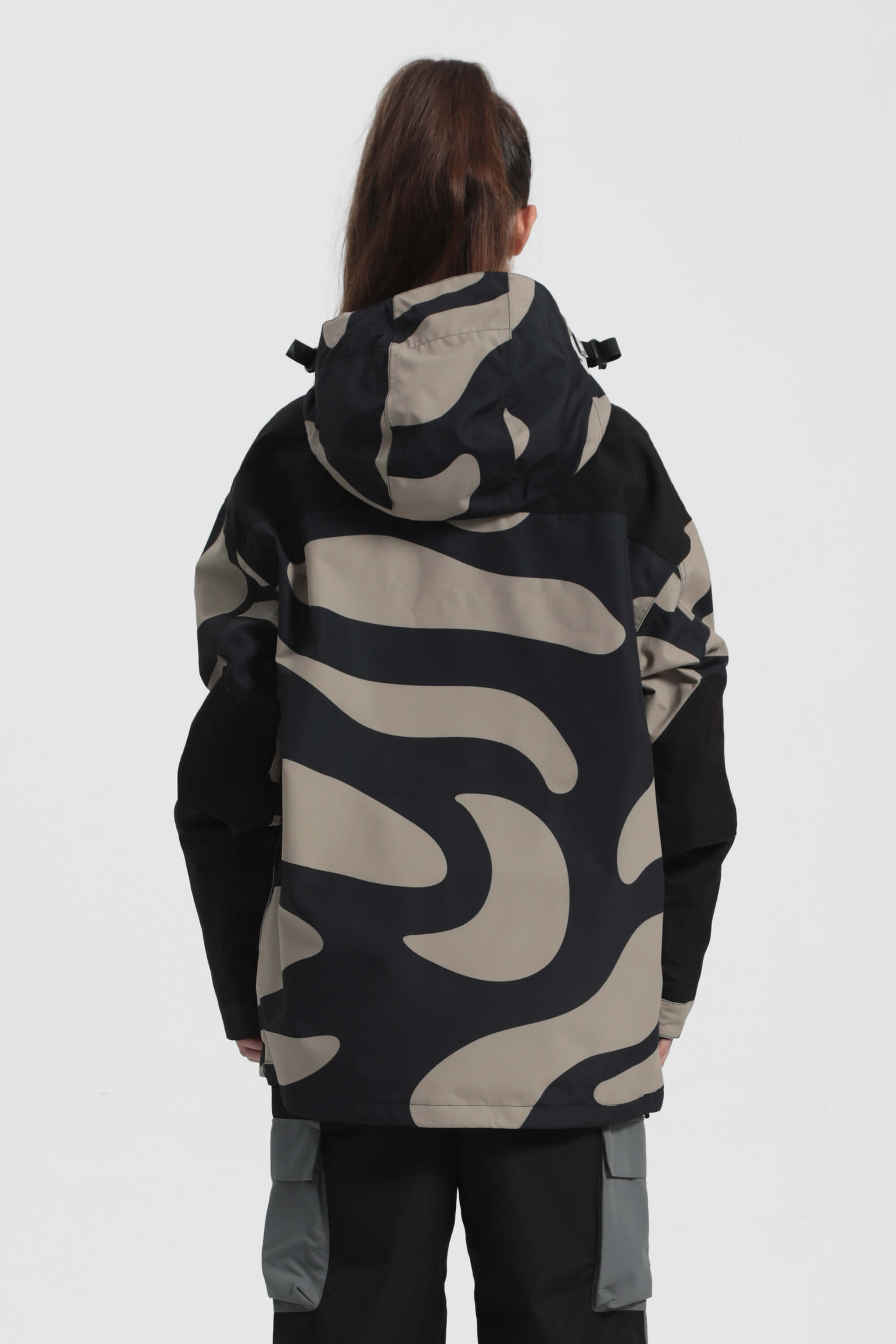 Women's Black Camo Insulated Color-Block Ski Anorak Snow Anoraks