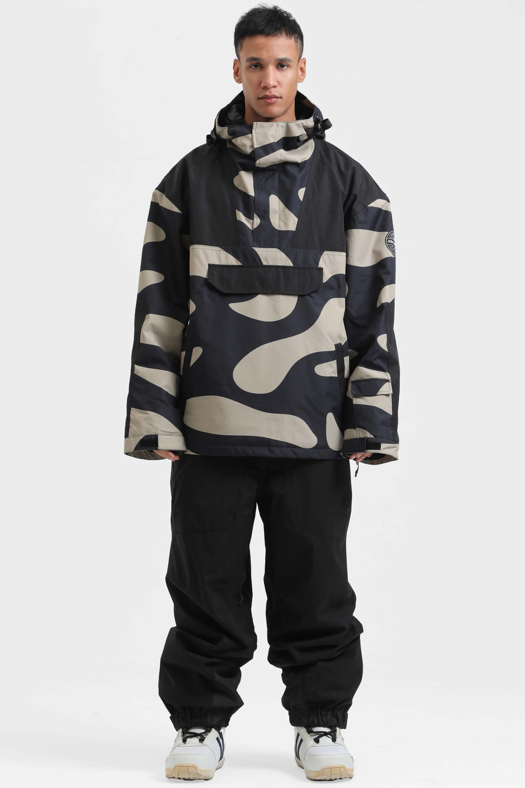 Men's Black Camo Insulated Color-Block Ski Anorak Snow Anoraks