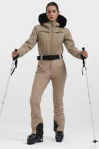 Women's Grey Full-Shirred Design One-Piece Ski Suit Snowboard Suit